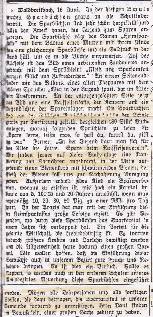Artikel der Rhein-Zeitung vom 16. Juni 1928 zum Thema "Einführung der Heimsparrbüchsen für Schulkinder"